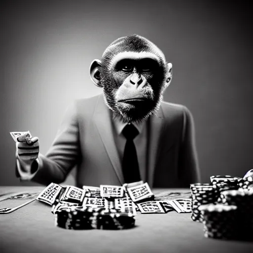 Image similar to monkey in a suit smoking a cigar and playing poker in a casino, 5 0 mm, black and white photo, octane render, realistic