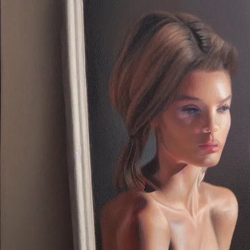 Image similar to fashion model in mirror, hyperrealism oil painting portrait