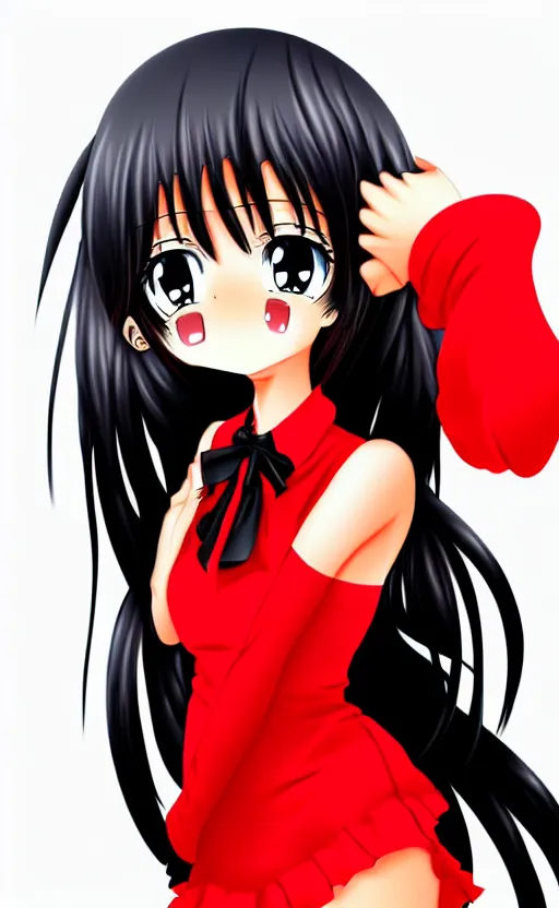 Image similar to anime girl with a detailed face and black hair in a red outfit, full body photo, illustration