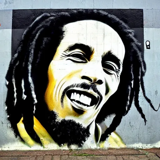 Image similar to Street-art portrait of Bob Marley in style of Banksy, photorealism