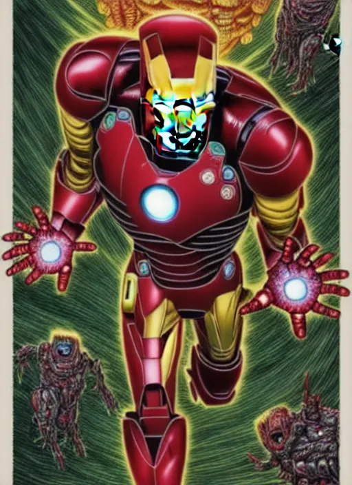 Image similar to iron man's disgusting true form bursting from within, gross, slimy, sleazy, pustules, high details, intricate details, by dan mumford