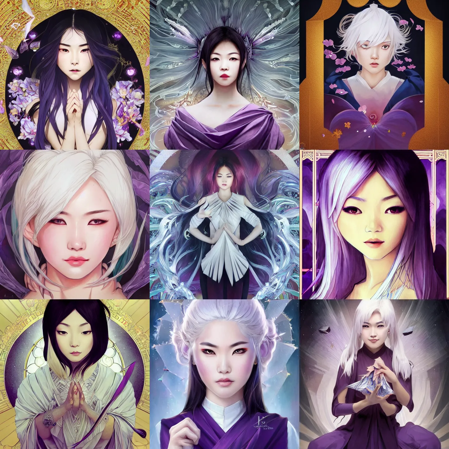 Prompt: epic asian girl surrounded by magic origami, white hair, violet eyes, highly detailed, artstation, smooth, sharp focus, bright, illustration, art by Artgerm and Greg Rutkowski and Alphonse Mucha and Yuumei, good clear quality, lighting, biology, symmetrical artwork, perfect face, 135 mm, cinematic, hyper realism, glittering ice, dark, moonlight, high detail, octane render, 8k, crimson highlights