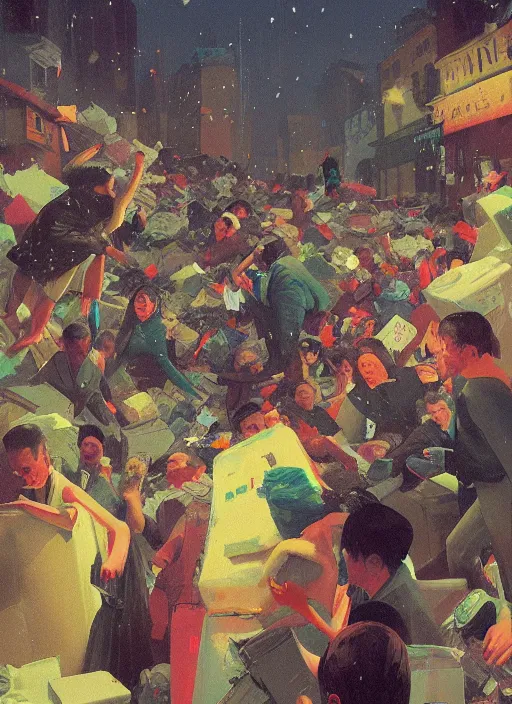 Image similar to crowd dancing in a pile of garbage, snowing night by Edward Hopper and James Gilleard, Zdzislaw Beksinski, Katsuhuro Otomo highly detailed