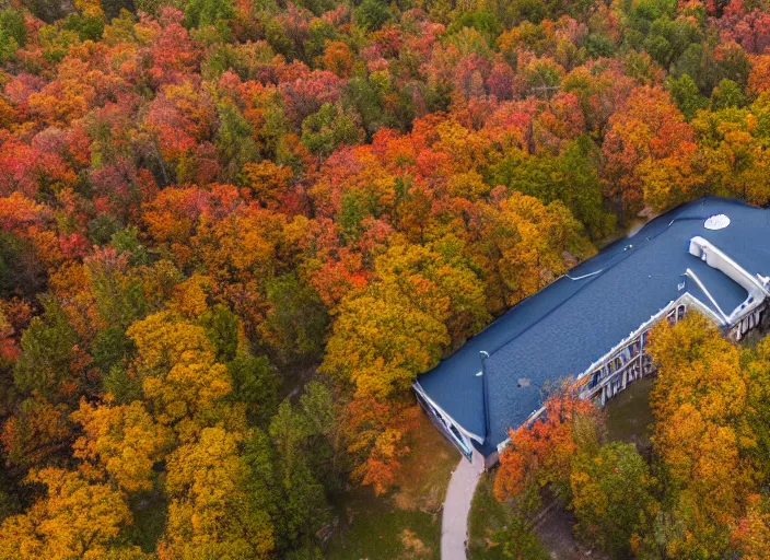 Image similar to low drone shot of a beautiful ranch style School campus in the middle of the Woods during autumn