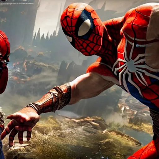 Image similar to screenshot of the game God of War with Kratos and Spiderman high fiving | Sony Pictures official media | Spiderman | Spiderman | Spiderman