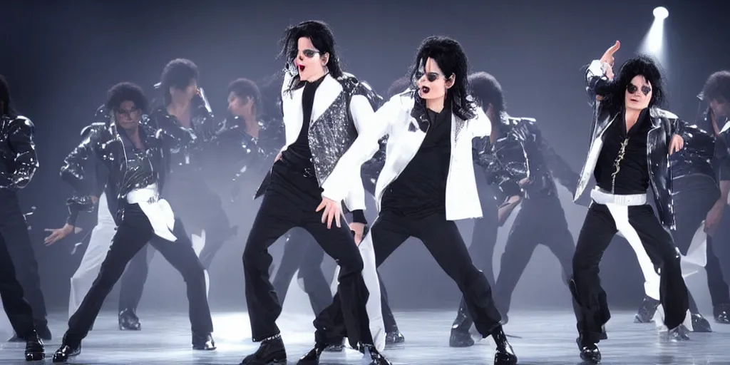 Prompt: michael jackson 2 0 0 9 wearing billie jean outfit, aviator shades, solo dance, this is it style, crowd pov, spotlight, stage, photo real, motion blur, by himself, real life, performing, spotted, ultra realistic face, accurate, 4 k, movie still, uhd, sharp, detailed, cinematic, render, modern