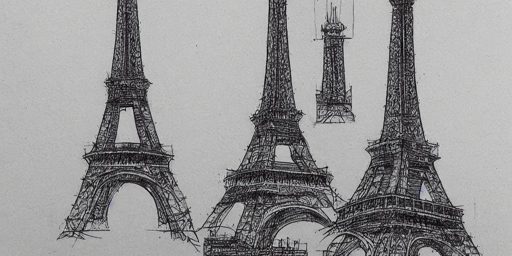 Image similar to architectural design studies of Eiffel Tower, different closeup view, drawn by Leonardo da vinci, ink and pen draw, artistic, intricated