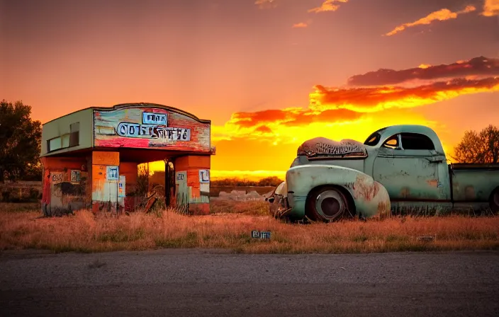 Image similar to A sunset light landscape with historical route66, lots of sparkling details and sun ray’s, blinding backlight, smoke, volumetric lighting, colorful, octane, 35 mm, abandoned gas station, old rusty pickup-truck, beautiful epic colored reflections, very colorful heavenly, softlight