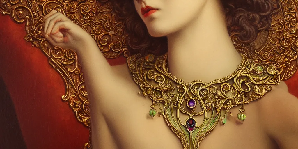 Image similar to highly detailed oil painting, centered in image, art nouveau, ornate, delicate, brilliant magical gemstones choker, around a neck, octane render, realistic, dramatic light,