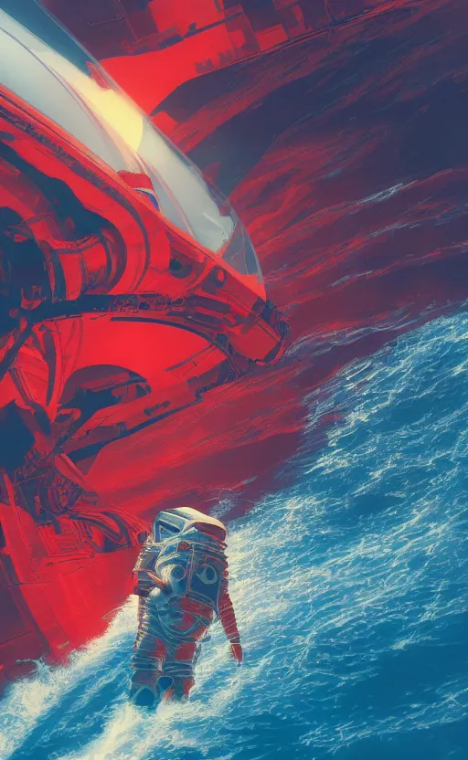 Prompt: detailed artwork by syd mead of an astronaut in a red alien ocean, drowning, high noon, red water under alien burning sun, 4k octane render, by syd mead