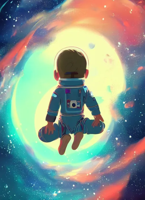 Prompt: little boy with short blonde hair. he is floating in space. he is wearing a space suit. background is a nebula. clean cel shaded vector art. shutterstock. behance hd by lois van baarle, artgerm, helen huang, by makoto shinkai and ilya kuvshinov, rossdraws, illustration, art by ilya kuvshinov