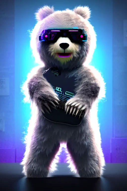 Image similar to high quality 3 d render very cute fluffy cyberpunk bear! plays electric guitar, cyberpunk highly detailed, unreal engine cinematic smooth, in the style of blade runner & detective pikachu, hannah yata charlie immer, moody light, low angle, uhd 8 k, sharp focus