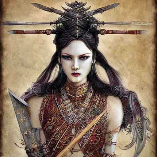 Prompt: Apsaras warrior with sword ,traditional Chinese textures, hyper detailed, by Brook Shaden