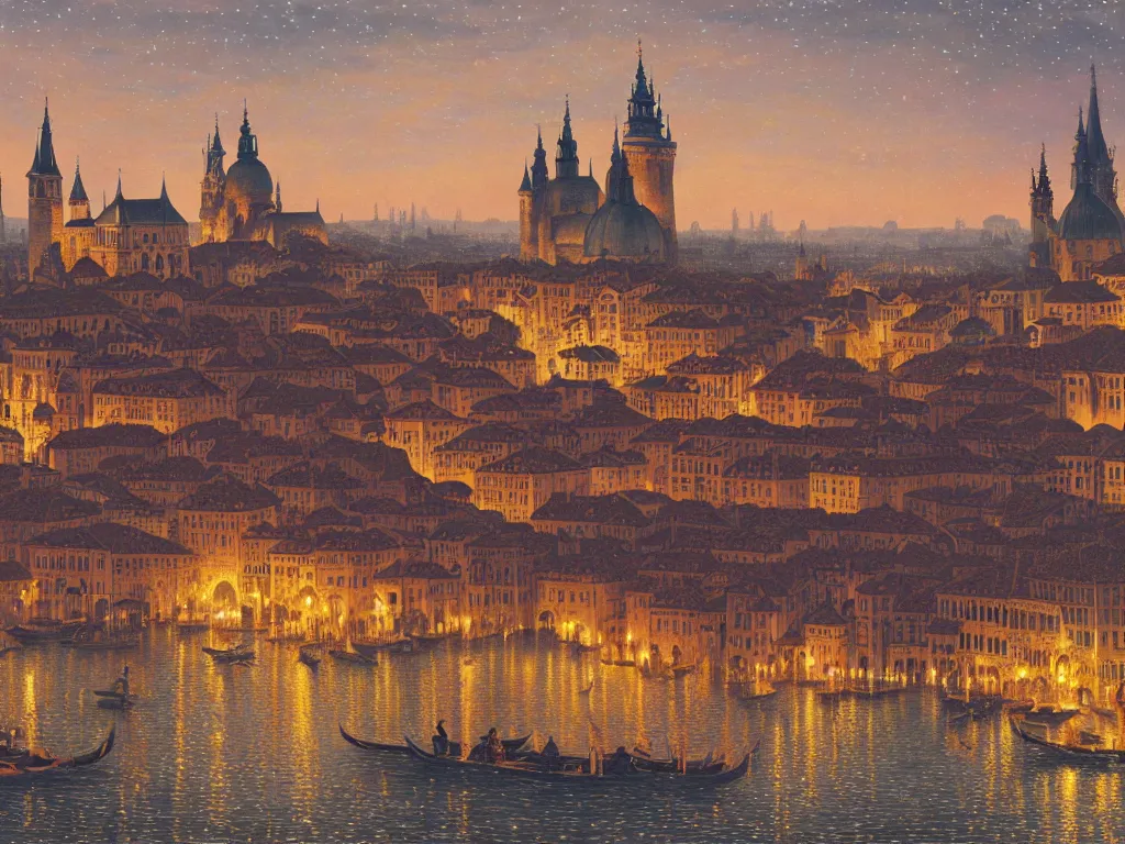 Image similar to a view of an ancient medieval castle city resembling prague castle and venice at night with a sky full of stars, intricate, elegant, highly detailed, digital painting, artstation, concept art, smooth, sharp focus, colored illustration for tattoo, art by thomas kincade and alphonse mucha,