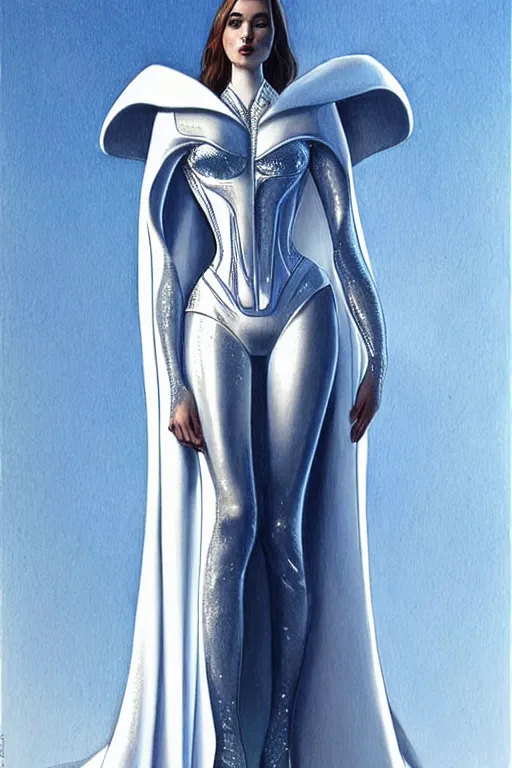 Image similar to detailed beautiful noun in opened white gold blue coat, seductive confident pose, attractive feminine curves, intricate details, futuristic, alien, elegant cape, elegant, photorealism, trending on artstation, holy halo, advanced technology, art by moebius and vitaly bulgarov and chanthara