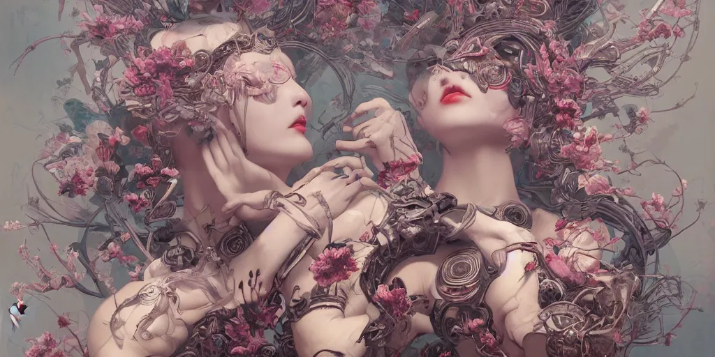 Image similar to breathtaking detailed hellbllade chines girl cyborg concept art painting art deco pattern of birds goddesses amalmation flowers, by hsiao ron cheng, tetsuya ichida, bizarre compositions, exquisite detail, extremely moody lighting, 8 k, art nouveau, old chines painting