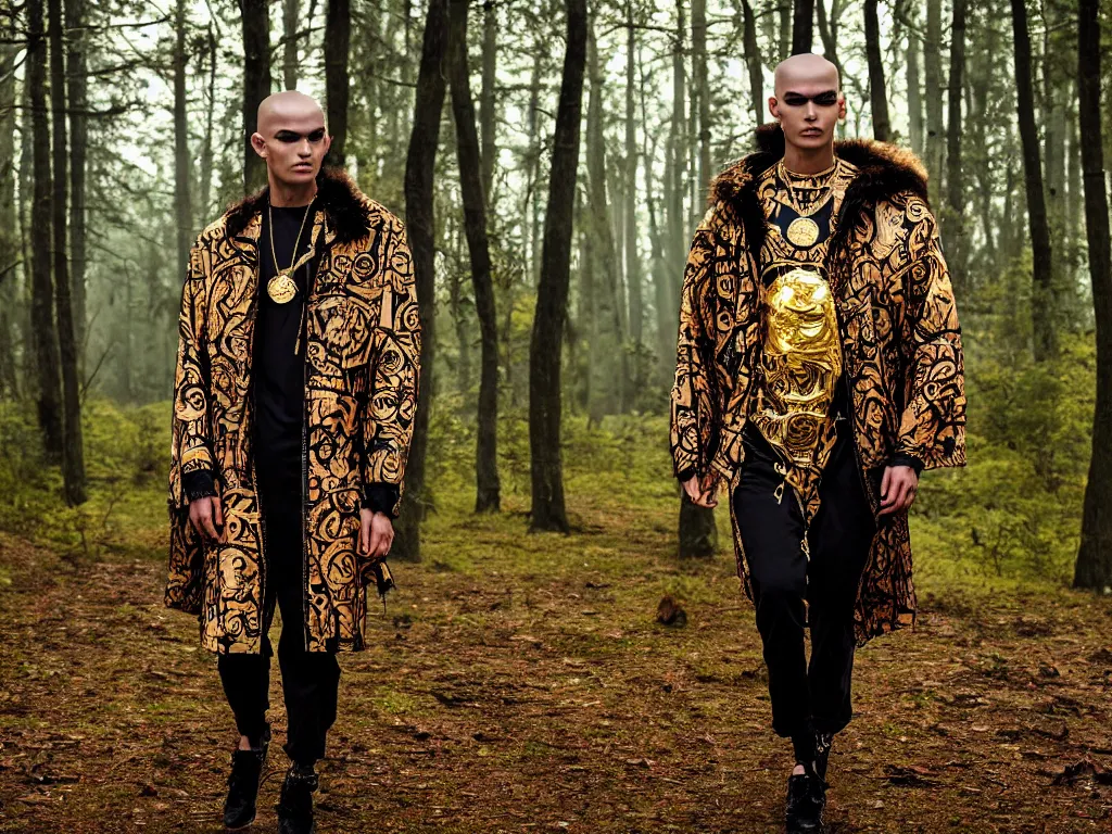 Image similar to versace avant garde oversized jacket arctic fur gold necklace textiles streetwear cyberpunk indigenous commanche descendant shaved head in the woods overcast late evening dramatic professional color 8 k hdr