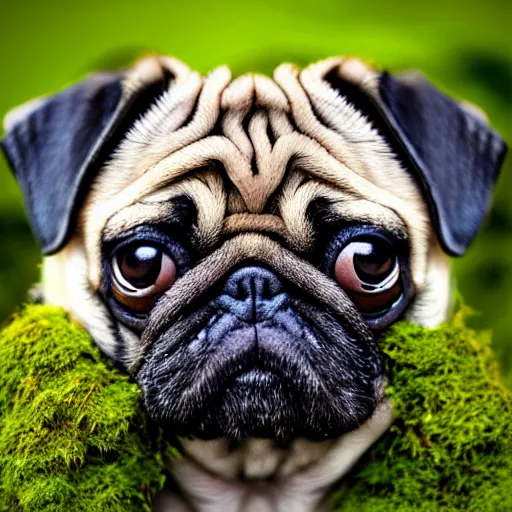 Prompt: closeup of a pug with moss growing out of its face folds, macro photography, overgrown pug, high resolution photo, trending on artstation