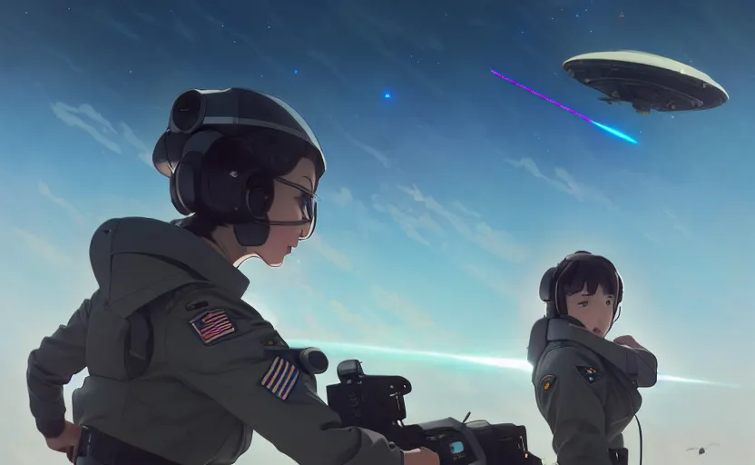 Prompt: portrait of pilot girl with jet strike units, dogfighting a ufo with lasers, black sky background, battlefield landscape, illustration concept art anime key visual trending pixiv fanbox by wlop and greg rutkowski and makoto shinkai and studio ghibli and kyoto animation, soldier clothing, modern air combat