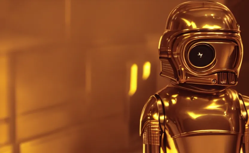 Prompt: hamster as c - 3 po, movie still, star wars, cinematic, sharp focus, cinematic grain, cinematic lighting, 8 k