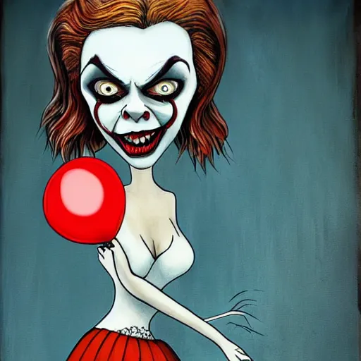 Image similar to grunge cartoon painting of margot robbie with a wide smile and a red balloon by chris leib, loony toons style, pennywise style, corpse bride style, horror theme, detailed, elegant, intricate