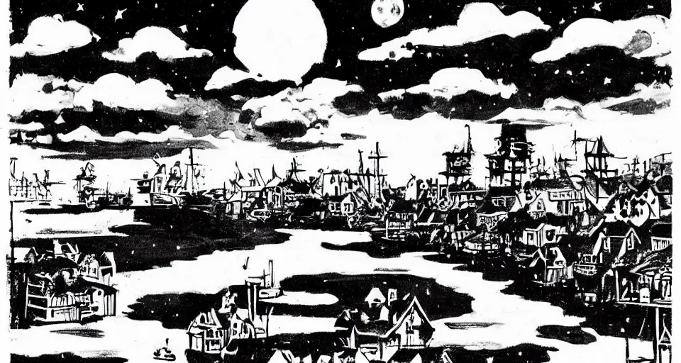 Prompt: seaside village, night, moon in sky encircled by clouds, heavy ink!!!!!!! mike mignola