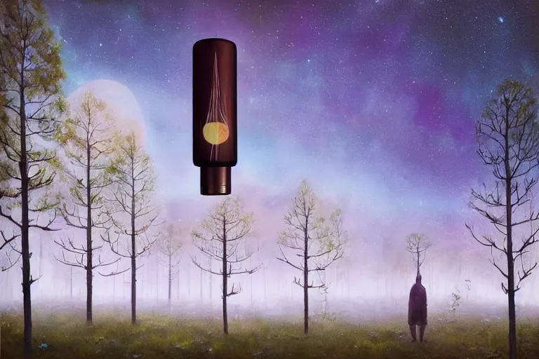 Image similar to giant perfume bottle in dark leaves and enchanted forest surreal photography, dark night, stars, moon light, impressionist painting, clouds, hyper - realistic, simon stalenhag