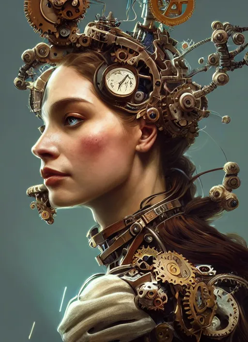 Prompt: portrait of a angry, neurons steampunk, floral! horizon zero dawn machine, intricate, elegant, highly detailed, ray tracing, digital painting, artstation, concept art, smooth, sharp focus, illustration, art by artgerm and greg rutkowski and alphonse mucha, 8 k