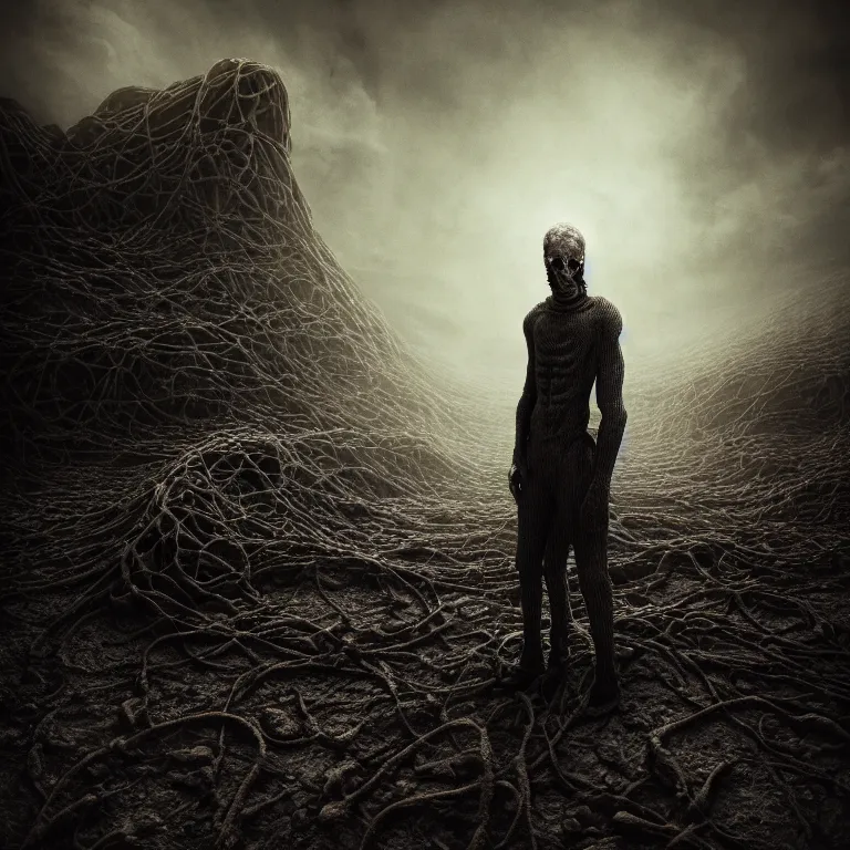 Image similar to ribbed man portrait, baroque painting, standing in a desolate empty wasteland, creepy, nightmare, dream-like heavy atmosphere, surreal abandoned buildings, beautiful detailed intricate insanely detailed octane render trending on Artstation, 8K artistic photography, photorealistic, chiaroscuro, Raphael, Caravaggio, Beksinski, Giger