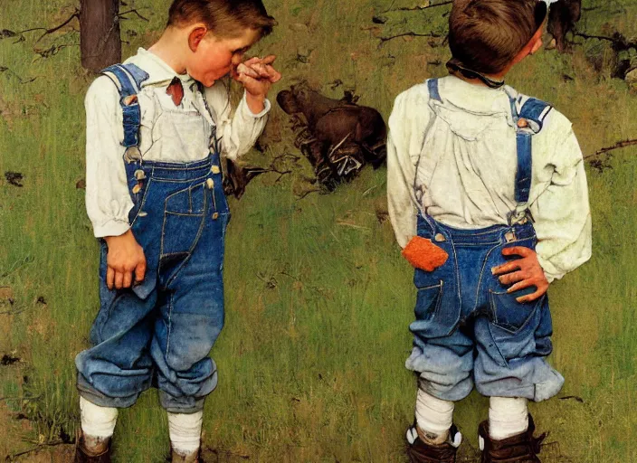Image similar to high quality high detail painting by norman rockwell, hd, two young boys wearing overalls, farm, muted pastel colors, photorealistic lighting