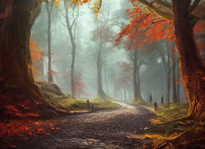 Image similar to A beautiful pathway in a forest, lush trees, in fall, a fantasy digital painting by Greg Rutkowski and James Gurney, trending on Artstation, highly detailed