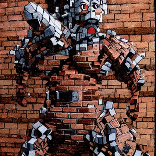 Image similar to an brick elemental, whirling energy made of bricks, dramatic, cinematic, by simon bisley