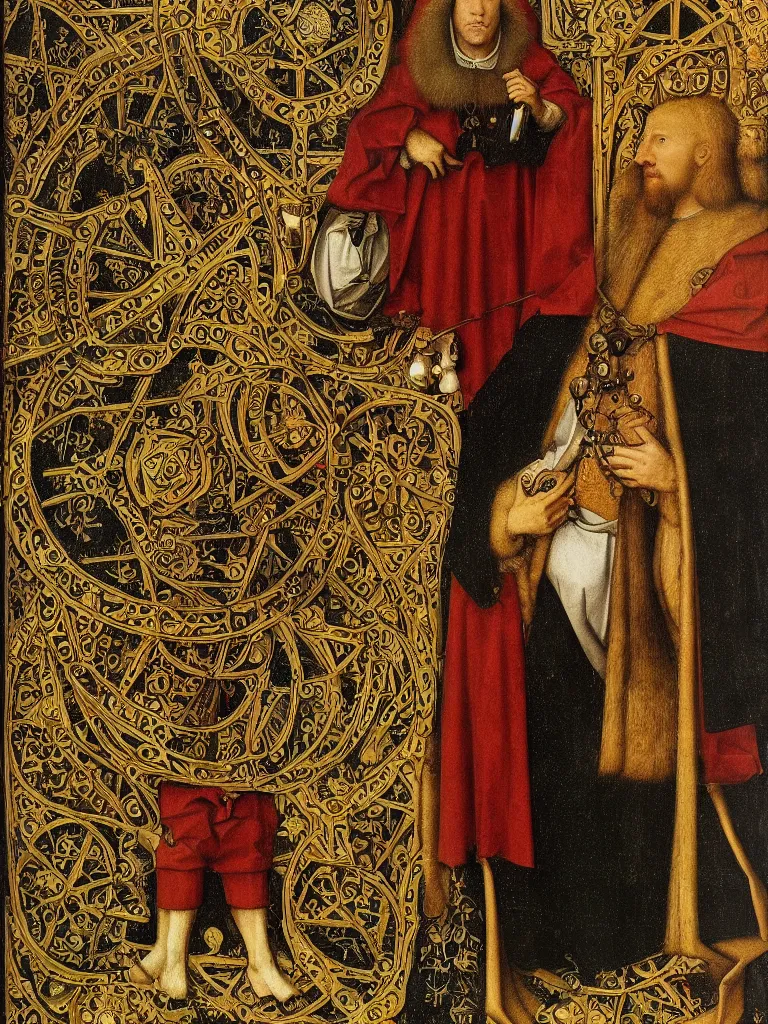 Prompt: painting of the king of pentacles tarot card, by holbein, jan van eyck, medieval art, middle ages style, tarot card