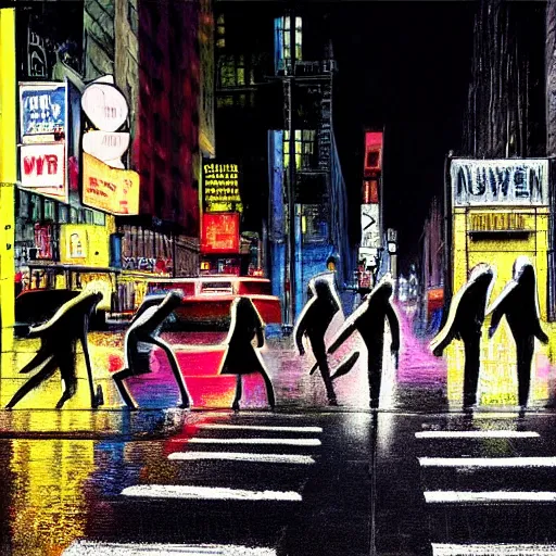 Image similar to a busy crosswalk on a rainy street in new york with lots of people walking around at night with advertisement neon lights on the buildings around it, painting by banksy, banksy art, high detail, smooth, beautiful, aesthetic,