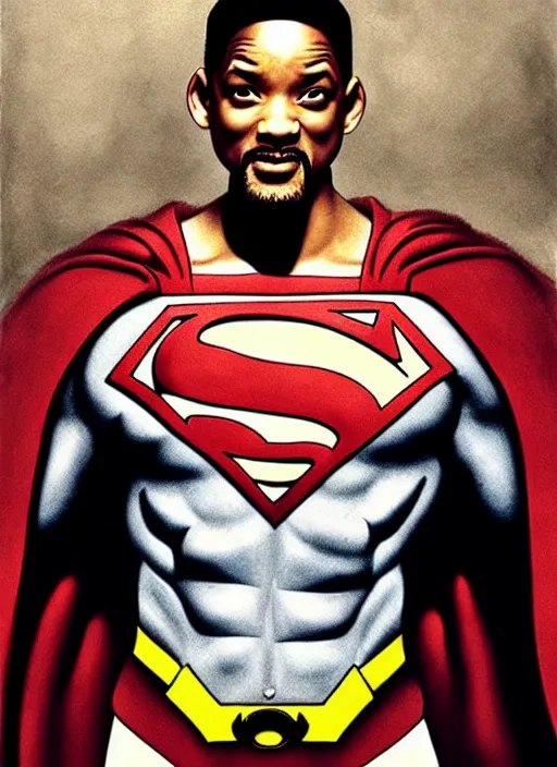 Image similar to will smith as superman, muscles, veins, arteries, intricate, organs, ornate, surreal, ray caesar, john constable, guy denning, dan hillier