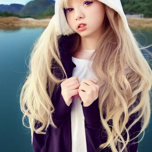 Image similar to a very beautiful anime girl, full body, long wavy blond hair, sky blue eyes, full round face, short smile, oversized hoodie, miniskirt, flower in hair, summer lake setting, cinematic lightning, medium shot, mid-shot, highly detailed, trending on Artstation, Unreal Engine 4k, cinematic wallpaper by Stanley Artgerm Lau, WLOP, Rossdraws, James Jean, Andrei Riabovitchev, Marc Simonetti, and Sakimichan