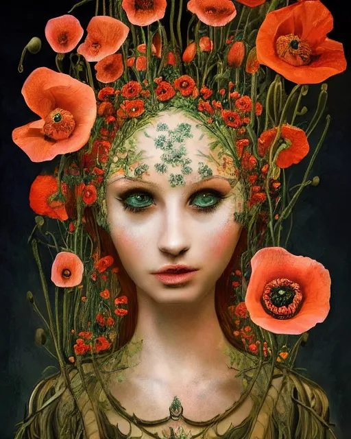 Image similar to unique non-conventional beautiful goddess of poppy, poppy flowers, dry poppy heads, surreal, fantasy, intricate, elegant, dramatic lighting, emotionally evoking symbolic metaphor, highly detailed, ornate designs, organic designs, lifelike, photorealistic, painterly, digital painting, painterly, artstation, concept art, smooth, sharp focus, illustration, art by John Collier and Krenz Cushart and Artem Demura and Alphonse Mucha and Albert Aublet,