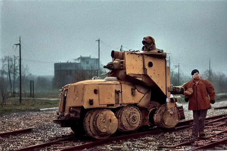 Prompt: giant oversized chubby bulky armored train Dachshund dog robot mech, with big pug head , rocket launcher , on a village , Cinematic focus, fujicolor photo, vintage, neutral colors, soft lights, foggy, panorama by by Serov Valentin, by lisa yuskavage, by Andrei Tarkovsky