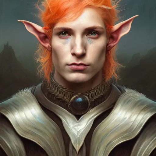 Image similar to portrait painting of a young elven man with a soft face and short light orange hair and tribal tattoos on his face wearing fur armor, ultra realistic, concept art, intricate details, eerie, highly detailed, photorealistic, octane render, 8 k, unreal engine. art by artgerm and greg rutkowski and charlie bowater and magali villeneuve and alphonse mucha