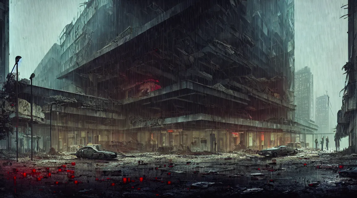 Image similar to post apocalyptic city building, raining, building, avenue, modern contemporary urban americana concrete architecture, by pascal blanche, neil blevins, apocalyptic color palette, trending on artstation, photorealistic, neon ambiance, ultra detailed, high definition, depth of field, bokeh, rubble, wild vegetation, blood stains, building crumbling, post - apocalyptic warriors