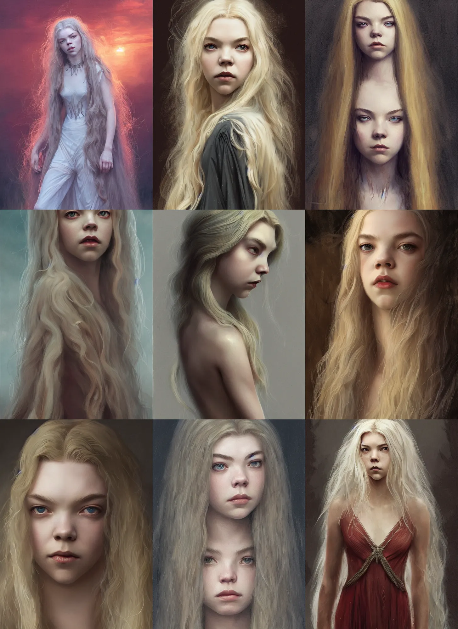 Prompt: Anya Taylor-Joy as banshee, long blond hair intricate, elegant, highly detailed, digital painting, artstation, concept art, smooth, sharp focus, illustration, art by greg rutkowski and bouguereau and aleksi briclot