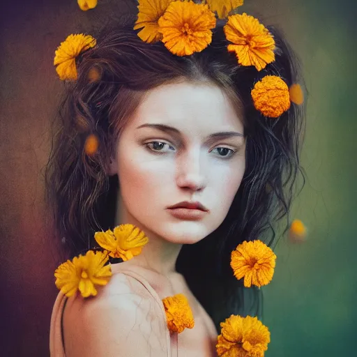 Image similar to realistic expired kodak film portrait of an angel woman flowers, marigold celestial vibe, hyperrealism, hypermaxiymalism, photorealistic, detailed, atmospheric, 8 k, award winning photography, cinematic