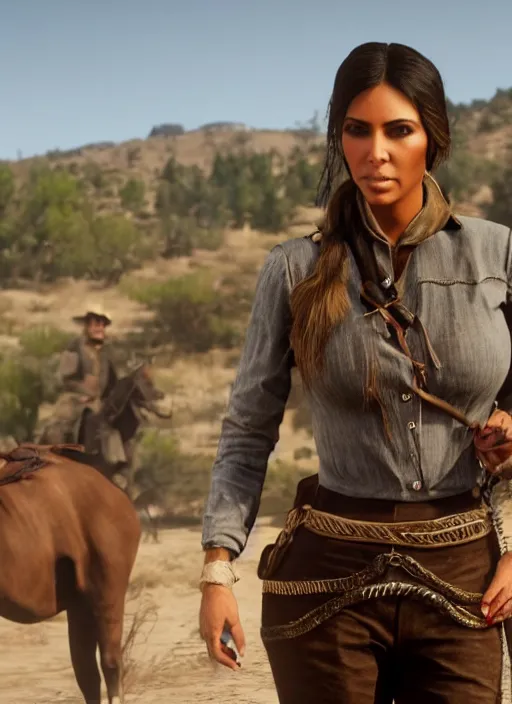 Image similar to film still of kim kardashian as Sadie Adler in rdr2.