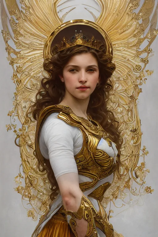 Image similar to full body portrait of a queen wearing white armor with ornate bronze and gold, white gossamer wings, art nouveau, profile, 4K, character concept art, oil painting, trending in artstation, cgsociety, by nekro, Alphonse Mucha, Artgerm, William-Adolphe Bouguereau, Greg Rutkowski