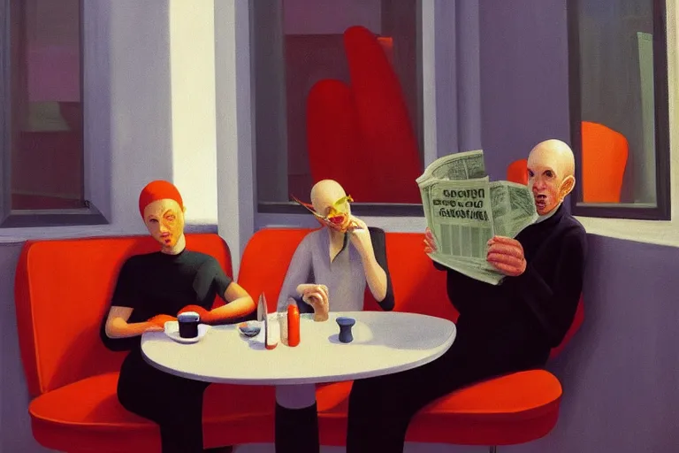 Image similar to hideous cronenberg monsters relaxing at a cafe. a waiter is pouring coffee. one monster is reading a newspaper. painting by edward hopper, 3 d rendering by beeple, 8 k, comfy