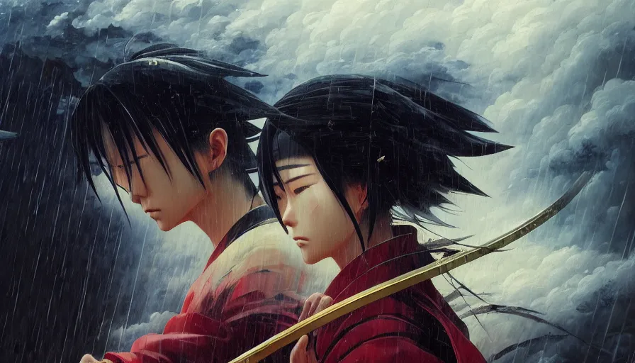 Prompt: baroque oil painting of key visual epic samurai war, rain, storm, realism, fake detail, trending pixiv fanbox, acrylic palette knife, style of makoto shinkai takashi takeuchi yoshiyuki sadamoto greg rutkowski chiho aoshima, artstation, manga