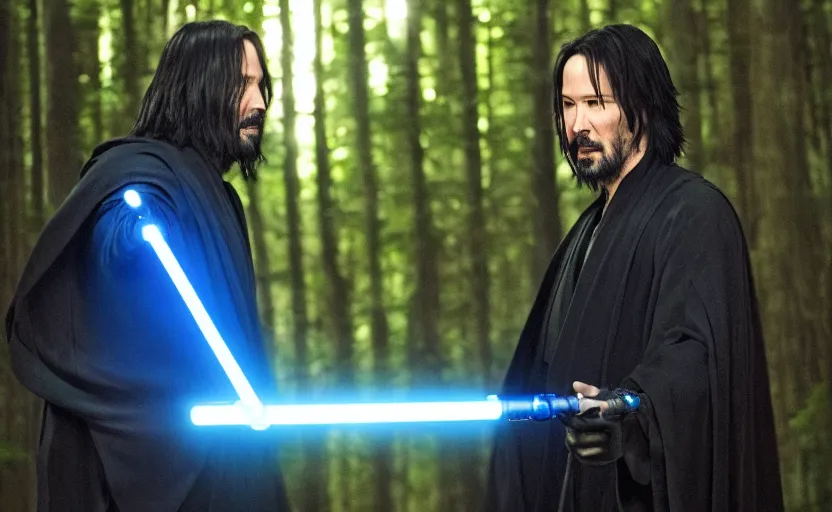 Prompt: keanu reeves as a jedi master with a blue lightsaber fighting a sith lord in an ancient bioluminescent forest, perfect symmetrical face, full moon, moody lighting, 8 k, shallow depth of field, intricate detail,