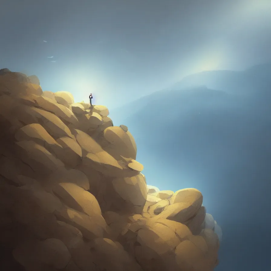 Prompt: Image from afar, man looking from the top of a large rock cliff, the sea hits the large stones hard, the clouds let through subtle rays of light, art by Goro Fujita, ilustration, concept art, sharp focus, ArtStation and deviantart