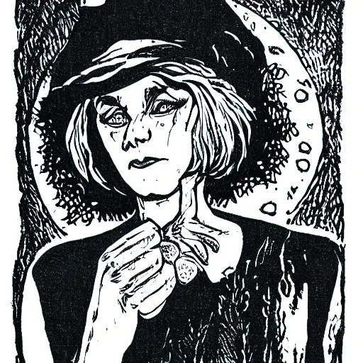 Prompt: a risograph of a witch from the 80s