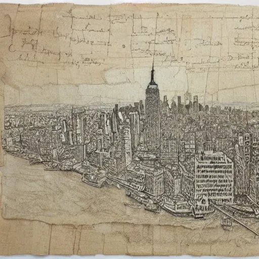 Prompt: sketches of New York City drawn by Leonardo DaVinci on stained and crumbled paper, highly detailed, intricate, high quality scan